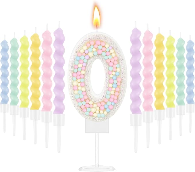 MTLEE Number 0 Birthday Candle with 12 Pcs Spiral Candles for Girls