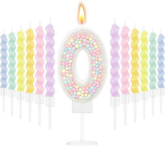 MTLEE Number 0 Birthday Candle with 12 Pcs Spiral Candles for Girls