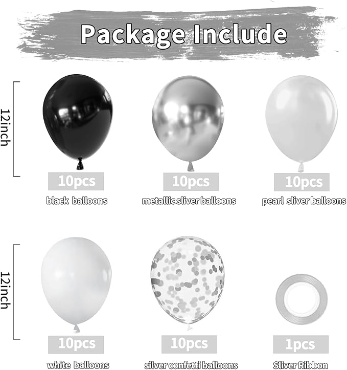 Zesliwy Black Silver Balloons Set,50pcs 12inch Metallic Silver Black