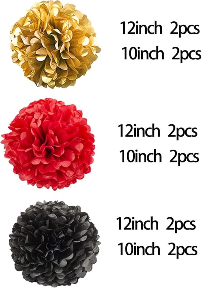 12pcs Black,Red and Gold Paper Pom Poms,Hanging Ceiling Tissue