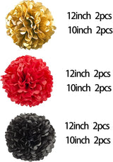12pcs Black,Red and Gold Paper Pom Poms,Hanging Ceiling Tissue