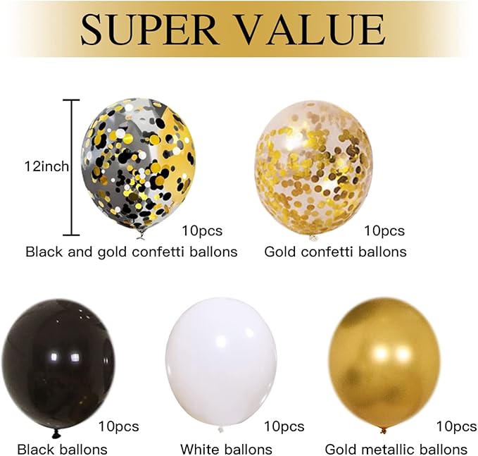Zesliwy Black Gold Confetti Balloons 50 pack - 12 Inch Gold White and