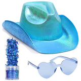 Funcredible Blue Cowboy Hat and Glasses - Blue Sparkly Holographic
