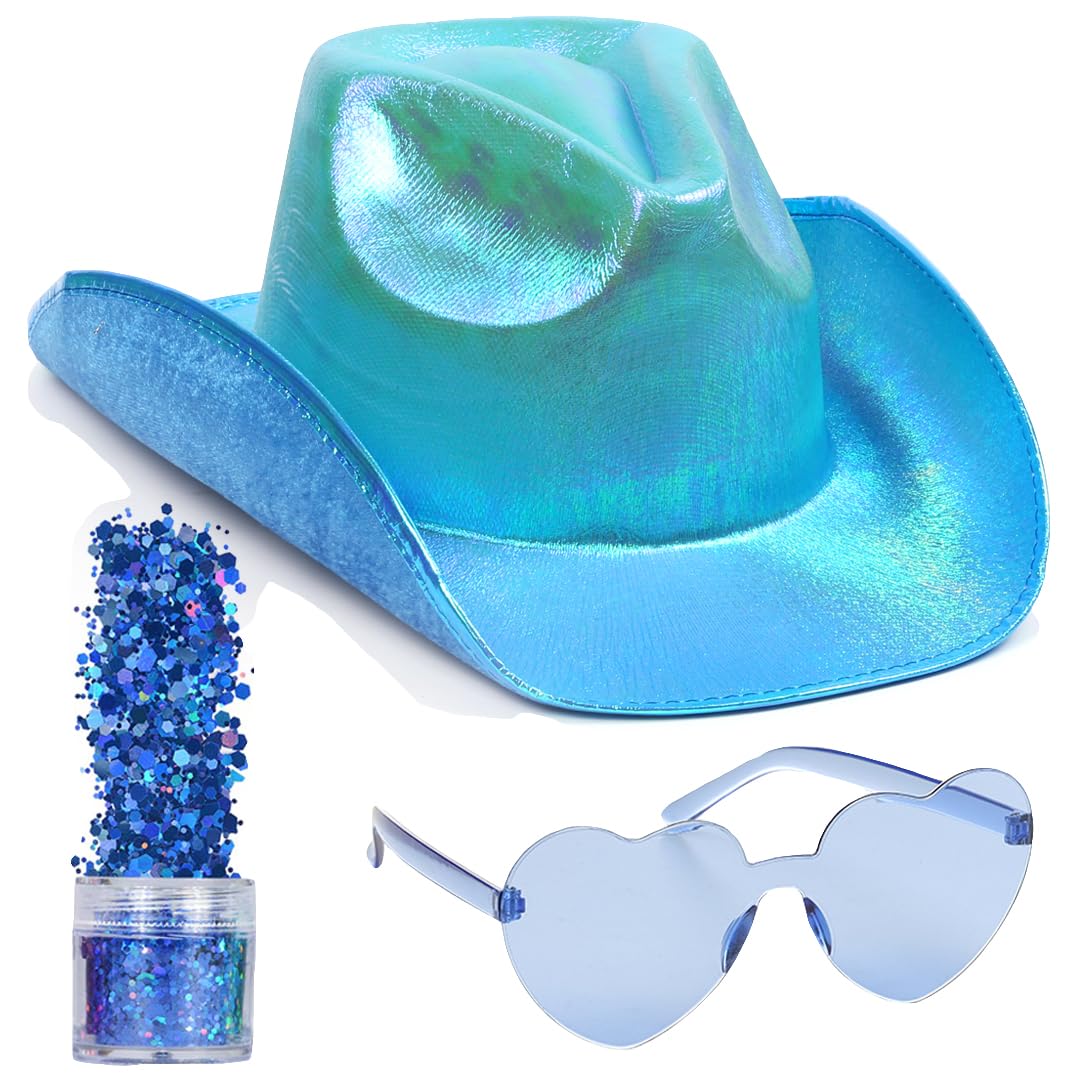 Funcredible Blue Cowboy Hat and Glasses - Blue Sparkly Holographic