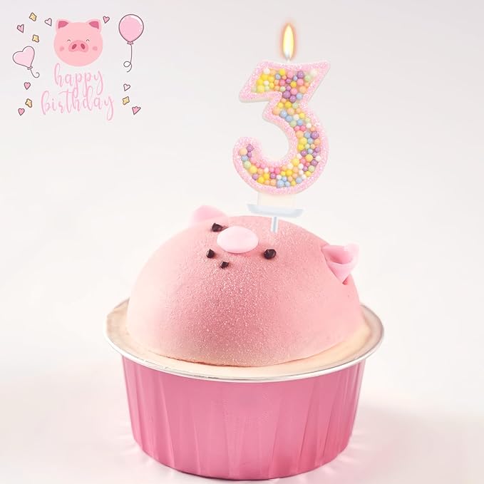 Birthday Candles for Girls - Number 3 Candle, Colorful Macaron