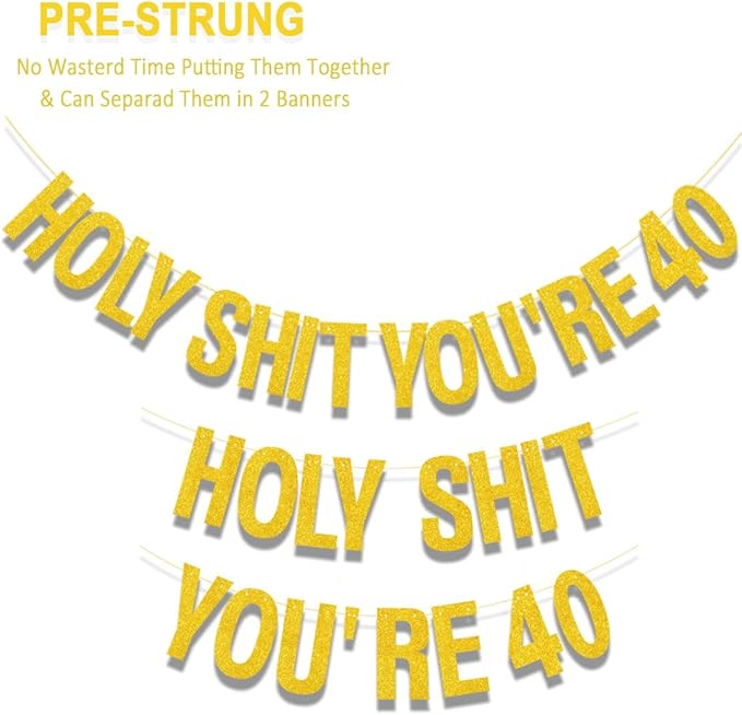 40th Birthday Decorations Women Men Pre-Strung Gold Glitter Birthday