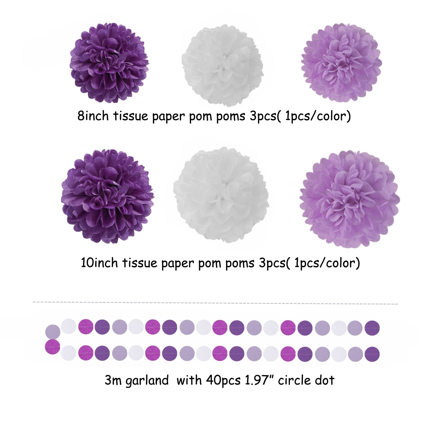 Purple White Lavender Party-Decorations Streamers - 28pcs Tissue Pom
