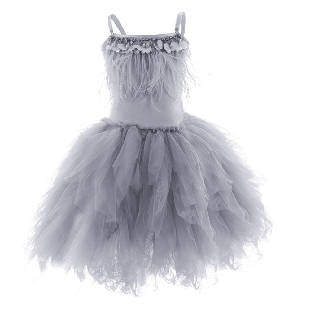 Kids Girls Spaghetti Strap Lace Feather Fringes Tutu Tulle Swan