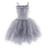 Kids Girls Spaghetti Strap Lace Feather Fringes Tutu Tulle Swan