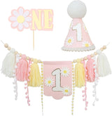 Pink Daisy Baby First Birthday Party Decorations Blue High Chair