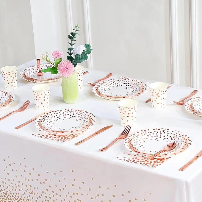 175PCS Rose Gold Party Supplies,Rose Gold Dot on White Paper Plates