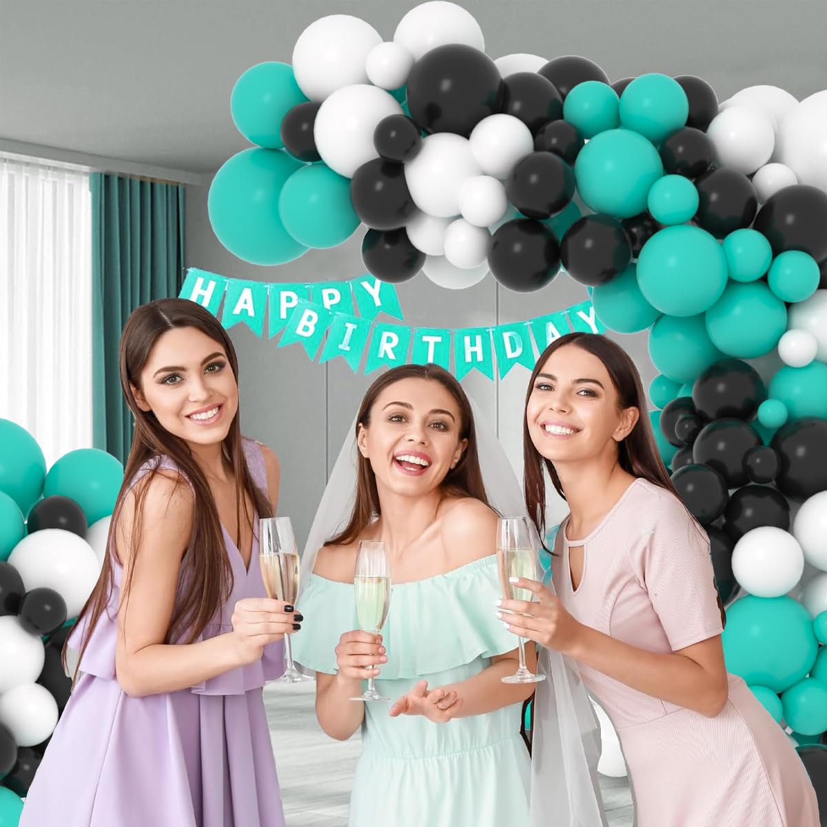Teal Blue Black White Balloon Garland Arch Kit, 122PCS Teal Blue White