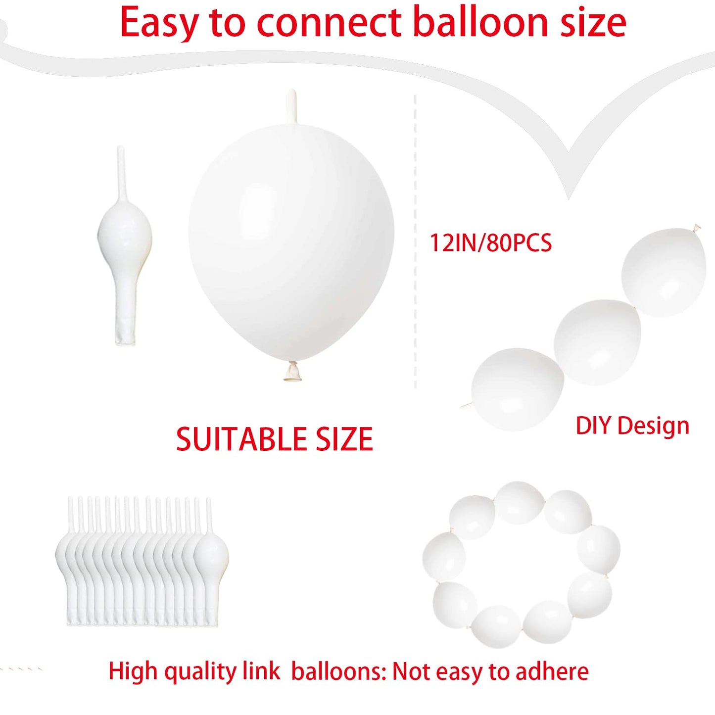 ADIDO EVA Link Balloons White 12 Inch Quick Link Latex Balloon 80 Pcs