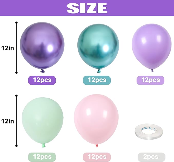 Togvu Mermaid Party Balloon Set, 60 Packs 12 Inches Metallic Purple