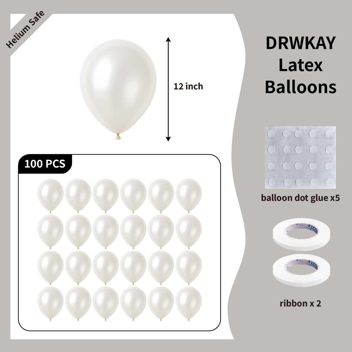 DRWKAY Pearl White Balloons 100 Pack, 12 Inch Latex Helium Pearl White