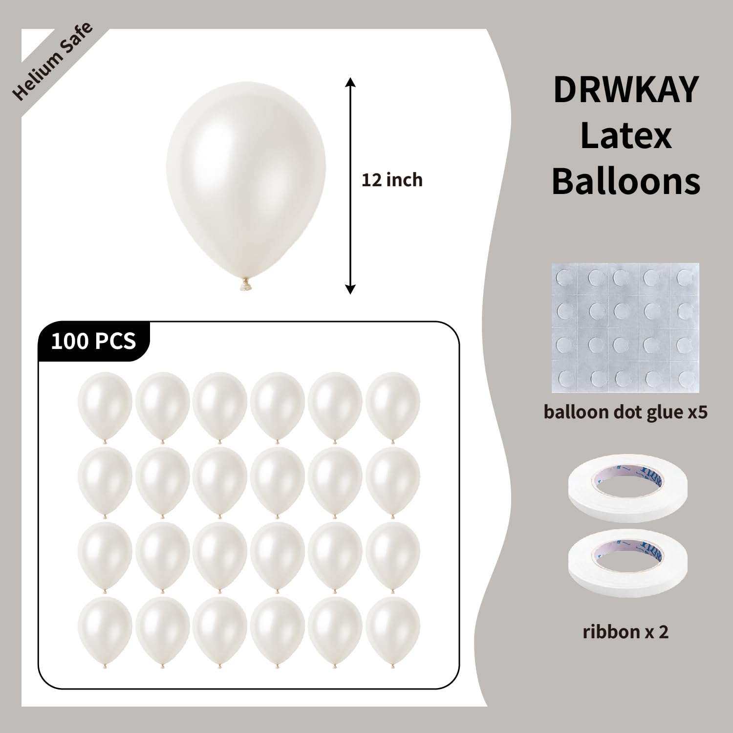 DRWKAY Pearl White Balloons 100 Pack, 12 Inch Latex Helium Pearl White