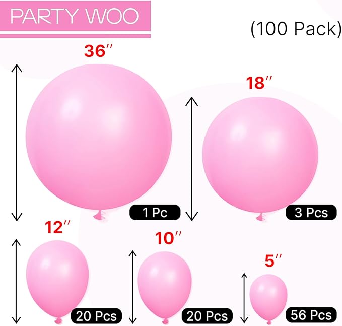 PartyWoo Pink Balloons 100pcs Different Sizes of 36 18 12 10 5 Inch