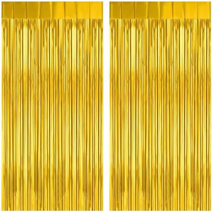 2 Pack Gold Fringe Curtain Backdrop, 3.2Ft x 8.2Ft Metallic Photo