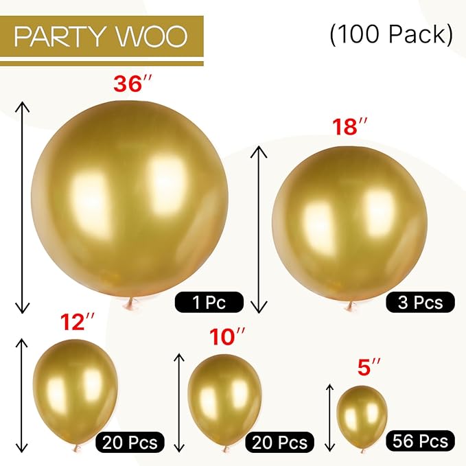 PartyWoo Gold Balloons 100pcs Different Sizes of 36 18 12 10 5 Inch