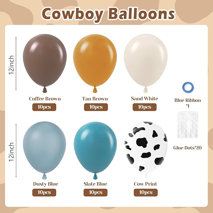 60pcs Cowboy Balloons, Brown Slate Blue Dusty Blue Sand White Latex