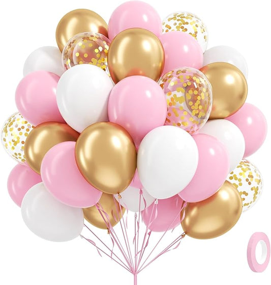 60pcs Pink and Gold Balloons 12inch, Pink and White Balloon with