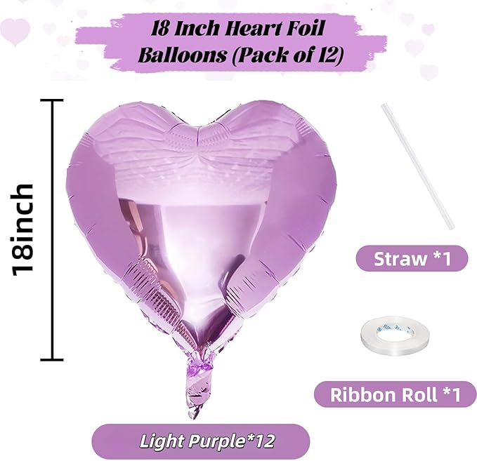 Purple Foil Heart Balloons, 12Pcs Lavender Purple Heart Shape Foil