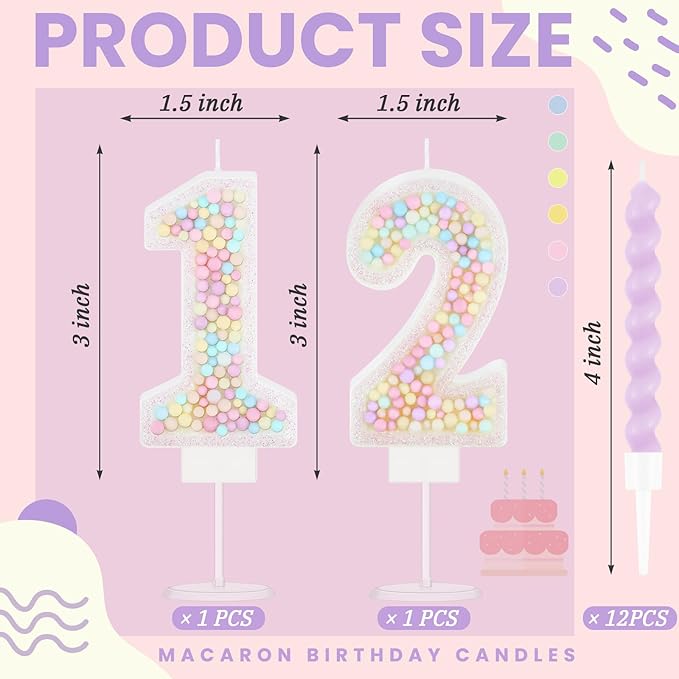 MTLEE Number 12 Birthday Candle with 12 Pcs Spiral Candles for Girls