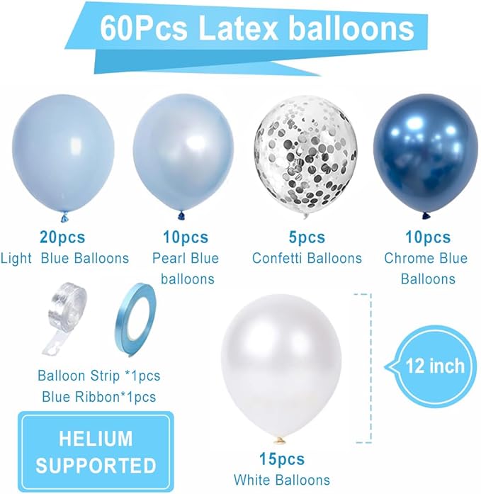 Blue White Balloons Set, 60 Pcs 12 Inch Metallic Chrome Blue Pearl