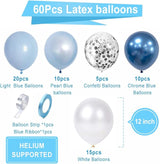 Blue White Balloons Set, 60 Pcs 12 Inch Metallic Chrome Blue Pearl