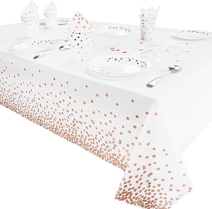 2 Packaging White and Rose Gold Plastic Tablecloth, 54 inch x108 inch