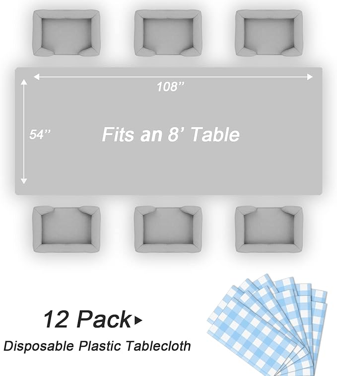 QIKSION Light Blue Gingham Tablecloth Disposable 12 Pack, 54 x 108
