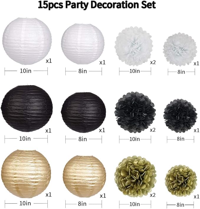 Black Gold Party Decorations, Black Gold Paper Lanterns and Pom Poms
