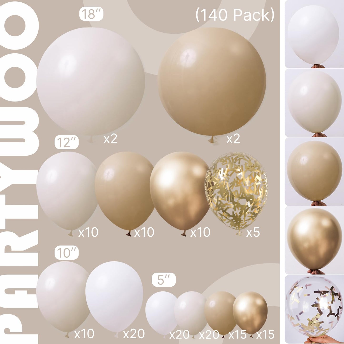 PartyWoo Neutral Balloon Arch Kit Garland 140pcs Different Sizes of 18