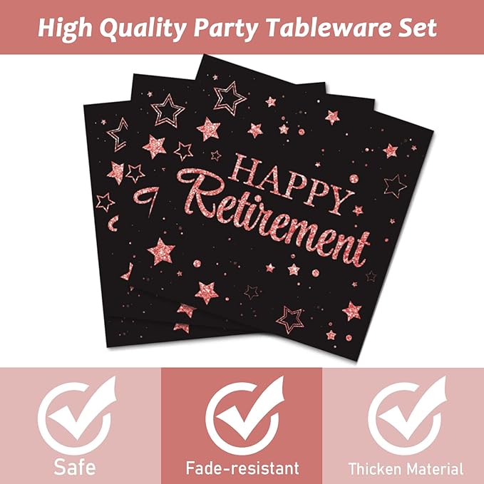 96 Pcs Retirement Party Plates Napkins Tableware Set Rose Gold Happy
