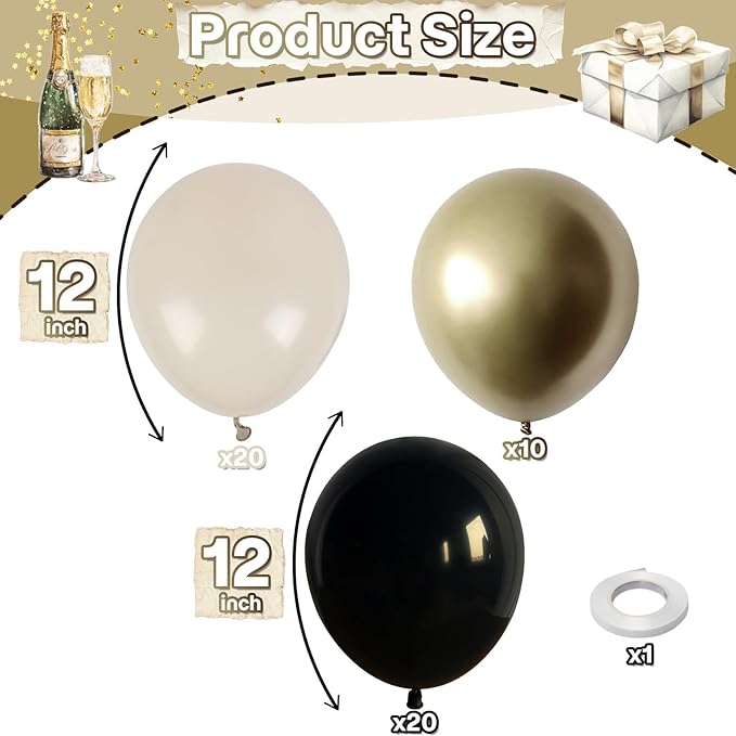 Black White and Gold Balloons, 50pcs 12Inch Black White Cream Beige