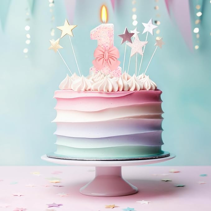 Birthday Candle for Cake, 1 Candle - Pink Glitter with Bowknot, 2.76
