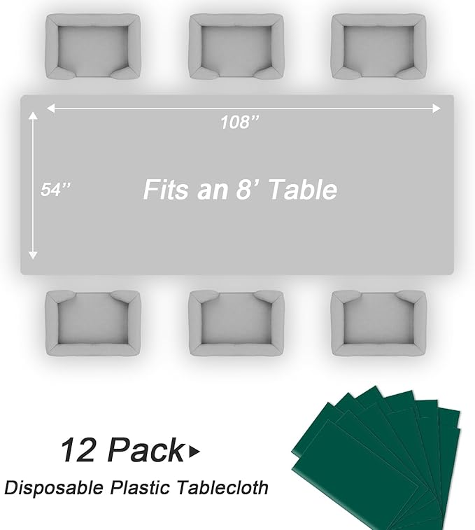 QIKSION Dark Green Plastic Table Cloth Disposable 12 Pack, 54 x 108