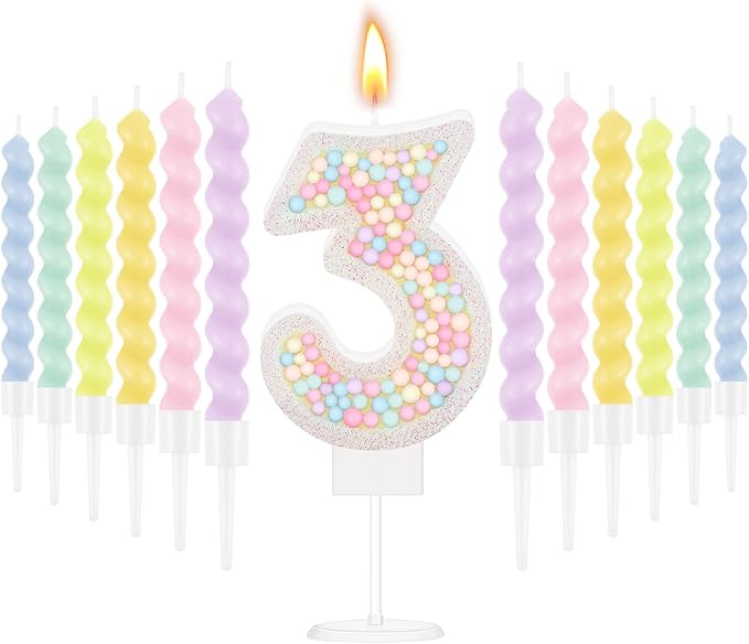MTLEE Number 3 Birthday Candle with 12 Pcs Spiral Candles for Girls Ma