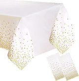 2 Packaging White and Gold Plastic Tablecloth, 54 inch x108 inch