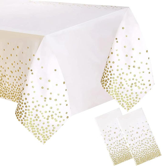 2 Packaging White and Gold Plastic Tablecloth, 54 inch x108 inch