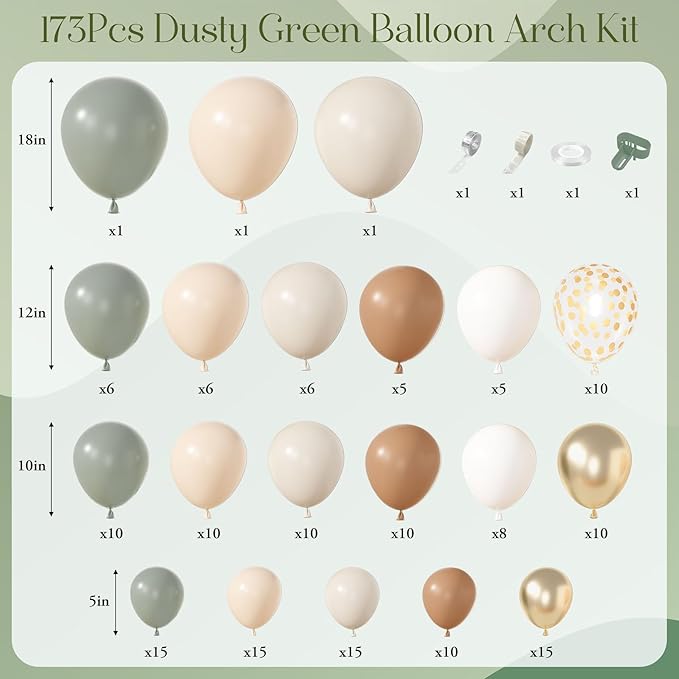 Amandir 173Pcs Dusty Green Nude Balloon Arch Garland Kit, Blush Cream