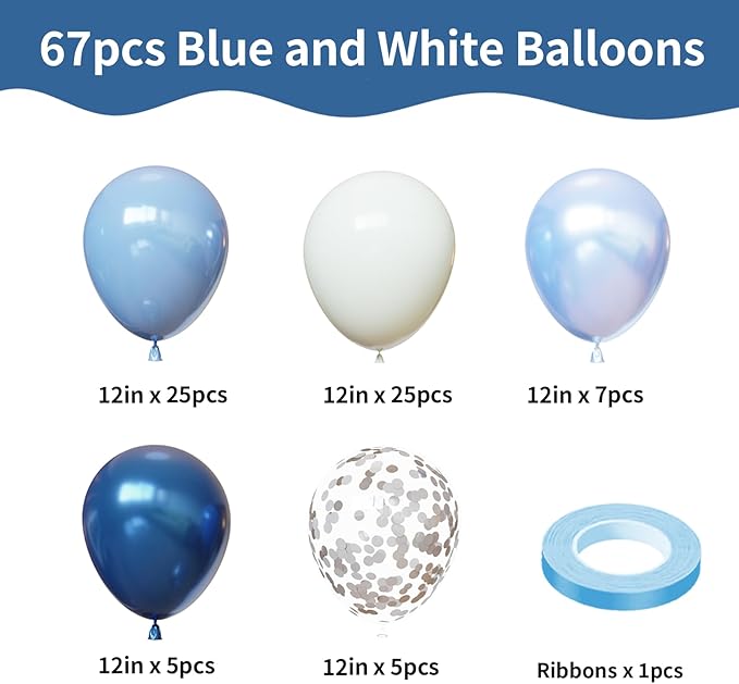 Blue and White Balloons, 67pcs 12 Inch Blue Balloon and White Silver