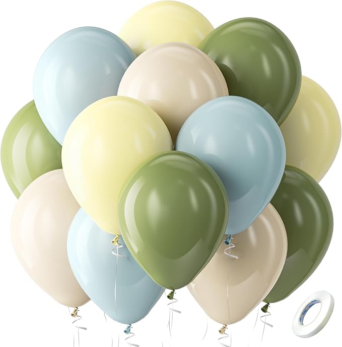Bezente Sage Green Dusty Blue Yellow Balloons Kit - 60pcs 12 inch