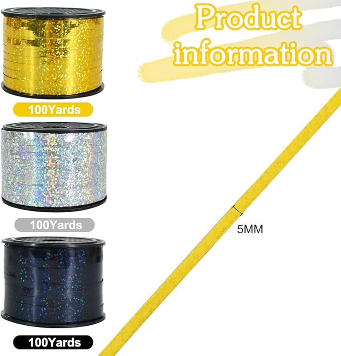 BEISHIDA 3 Pack 100 Yards Gold Silver Black Curling Crimped Glitter