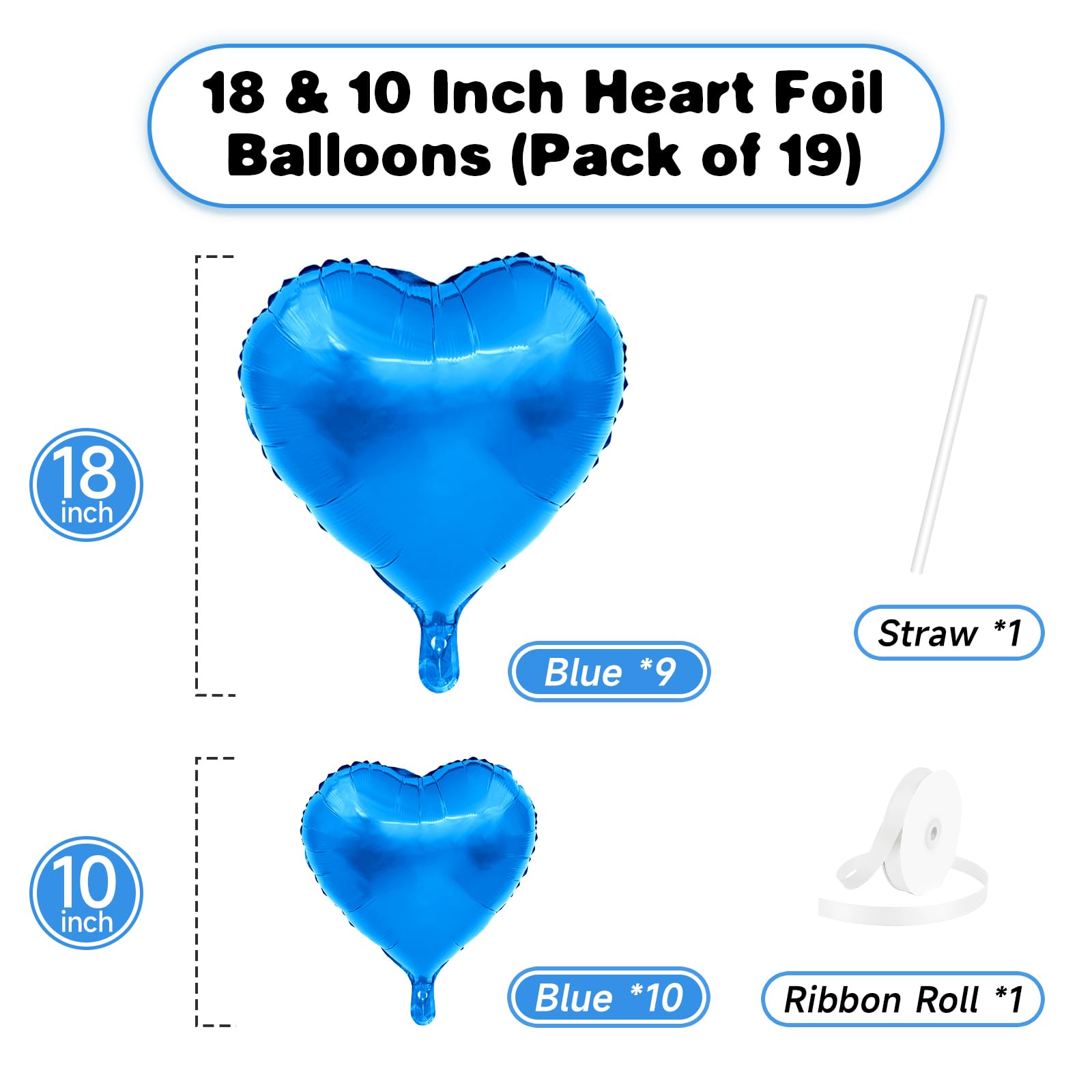 Blue Heart Balloons, 19PCS Blue Heart Shape Balloons, 18Inch with