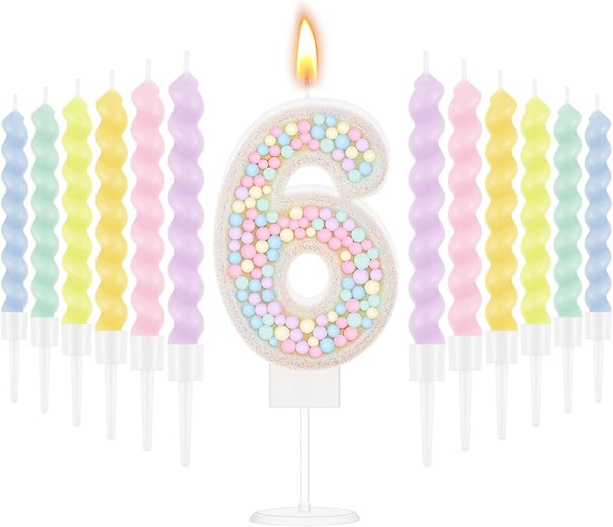 MTLEE Number 6 Birthday Candle with 12 Pcs Spiral Candles for Girls Ma