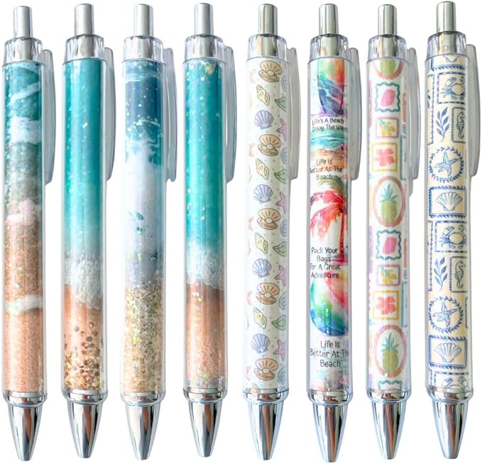 8PC Glittery Beach Pens Cute Sparkly Sea Shells Coconut Trees Sea