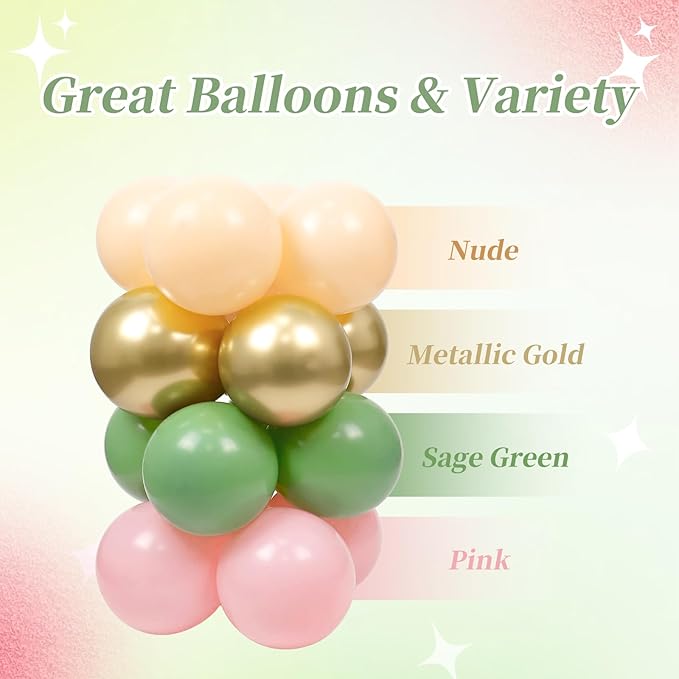 60pcs Safari Balloons 12inch, Sage Green Pink Nude Metallic Gold