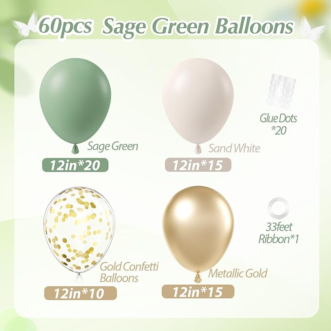 Sage green Balloons, 60pcs 12inch Sage green Sand White Metallic Gold