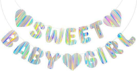 Iridescent Baby Shower Banner for Girl, Pre-Strung Sweet Baby Girl